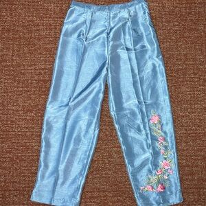 Vintage silk look bright blue floral embroidered wide leg pant cropped leg 14